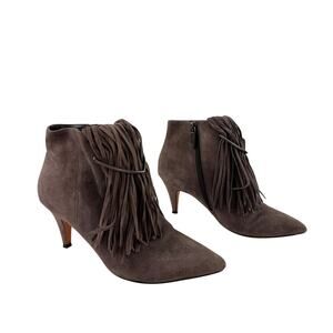 Brian Atwood Perri Bootie 6.5 Gray Taupe Leather Fringe Kitten Heel Ankle Boot